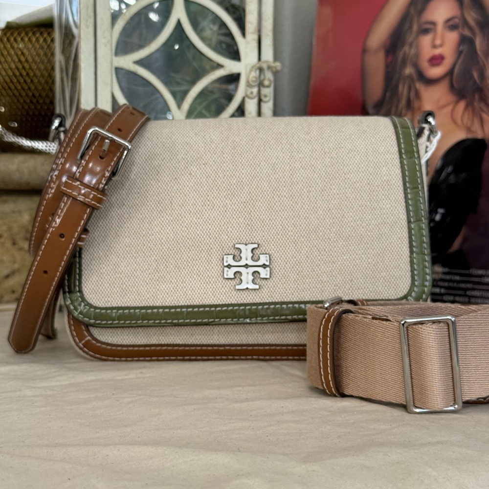 New Tory Burch Thea web flap shoulder bag/crossbody in canvas cream leather trim